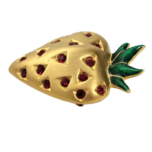 Givenchy Gold-Tone Red Rhinestone Green Enamel Leaf Strawberry Brooch, Signed - Picture 4 of 9
